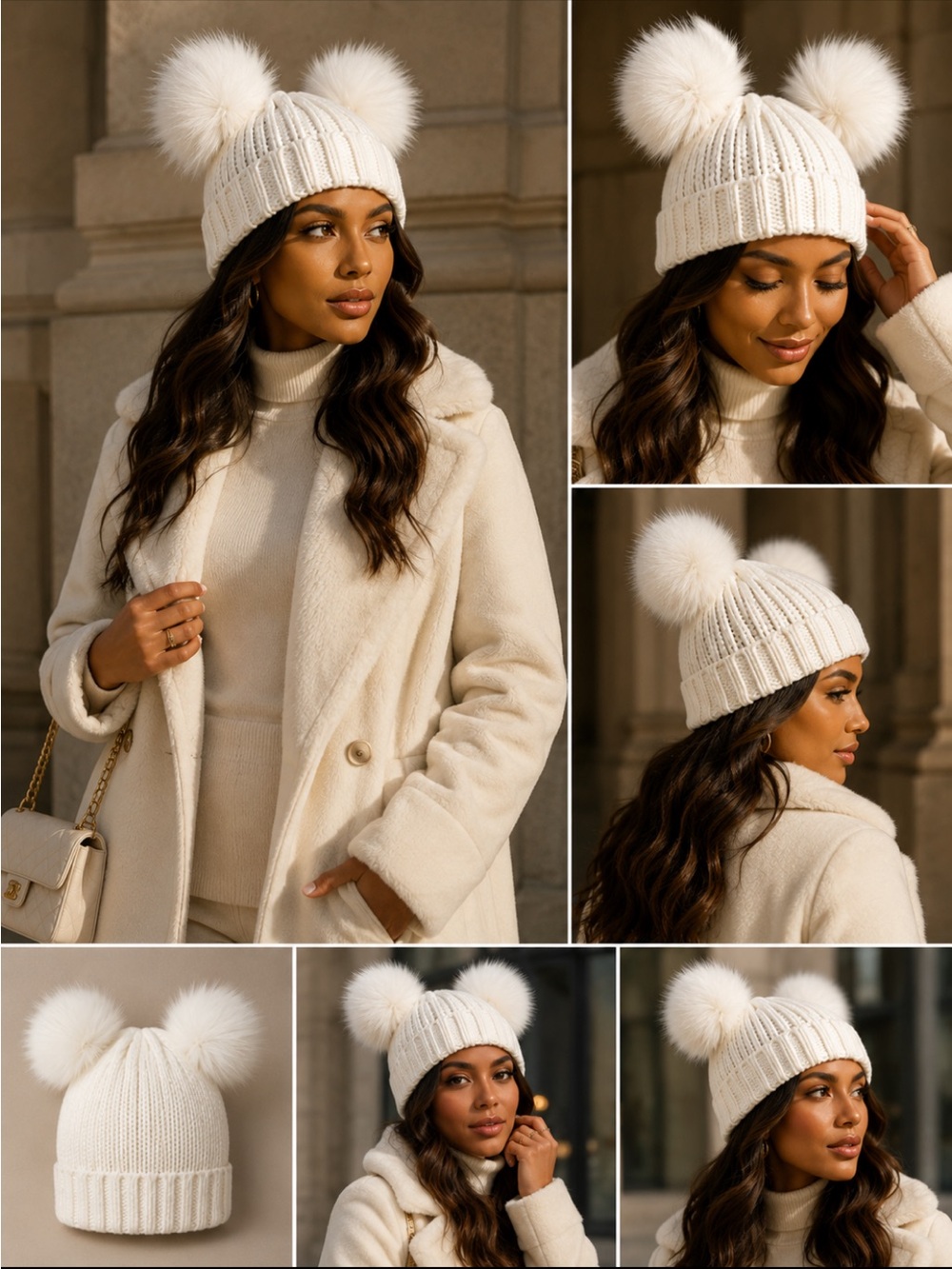 White double Pom heavy knit white hat